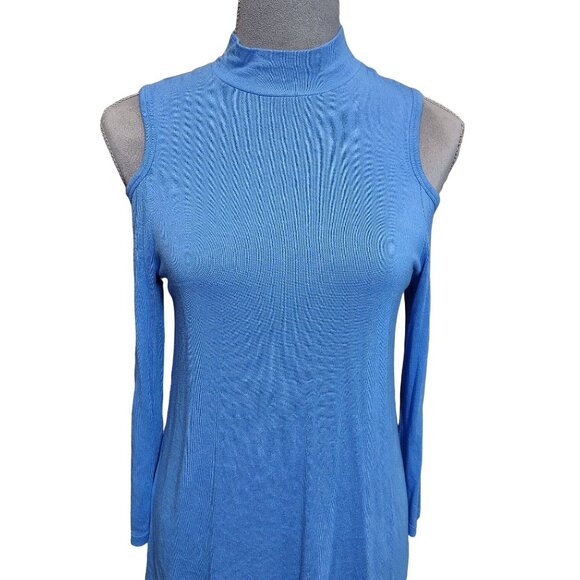 Kaari Blue Top Mock Neck Could Shoulder Blue Knit Stretch Soft Shirt Womens XS - Picture 6 of 6